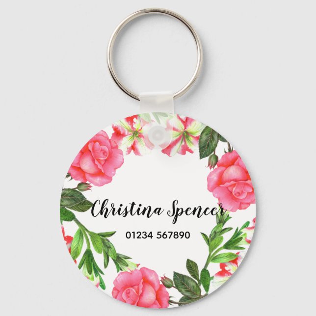 Porte-clés Aquarelle Fleurs roses Cercle de couronne (Recto)