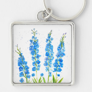 Porte-clés Aquarelle florale de delphinium bleu élégant rusti