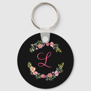 Porte-clés Aquarelle florale rose, jaune et verte avec monogr