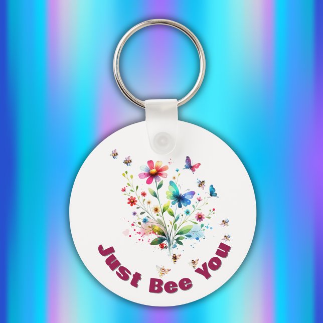 Porte-clés Aquarelle florale simple Monogramme Abeille sur bl (Créateur téléchargé)