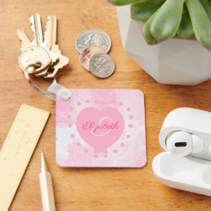 Porte-clés Aquarelle initiale de la couleur de coeur rose