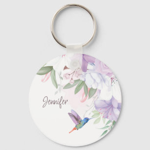 Porte-clés Aquarelle Jardin Fleurs Oiseau de colibri