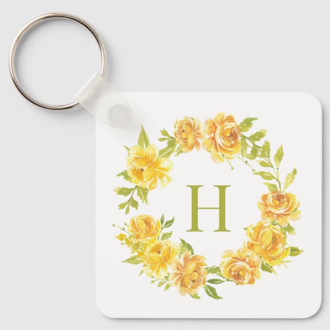 Porte-clés Aquarelle jaune Roses Floral Wreath Monogramme (Recto)