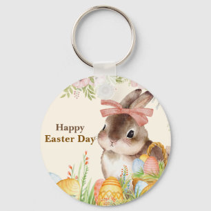 Porte-clés Aquarelle Lapin floral avec noeud Jour de Pâques j