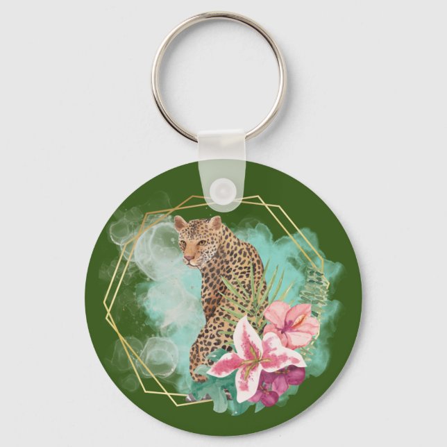 Porte-clés Aquarelle Léopard et Cadre Tropical (Recto)
