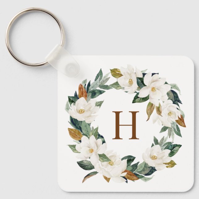 Porte-clés Aquarelle Magnolia et Eualyptus Wreath Monogramme (Recto)