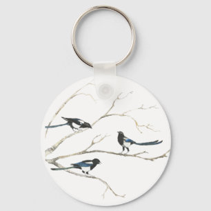 Porte-clés Aquarelle Magpie Oiseau Famille Animal