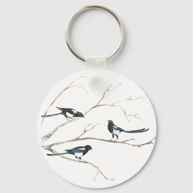 Porte-clés Aquarelle Magpie Oiseau Famille Animal (Recto)
