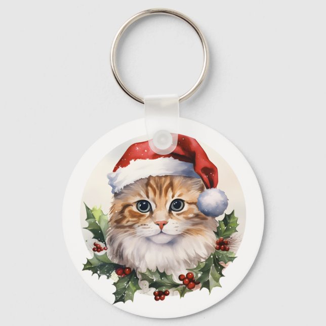 Porte-clés Aquarelle mignonne Chat De Noël À Santa Hat (Recto)