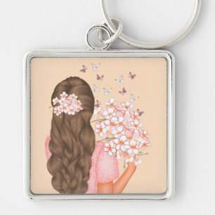 Porte-clés Aquarelle mignonne Fleurs roses Monogrammes pour e
