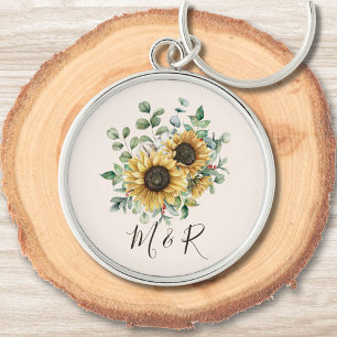 Porte-clés Aquarelle monogramme Vintage Tournesol rustique