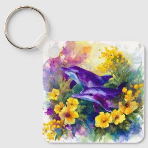 Porte-clés Aquarelle Océan Dauphins Fleurs Tropicales