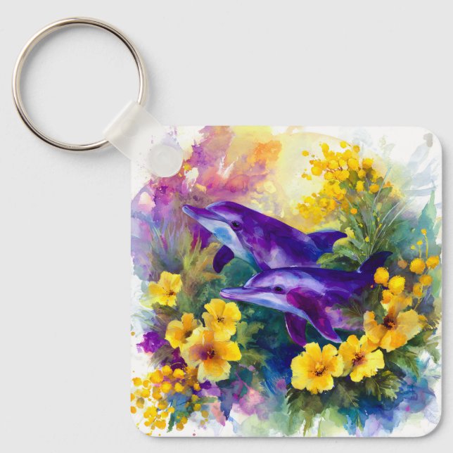 Porte-clés Aquarelle Océan Dauphins Fleurs Tropicales (Recto)