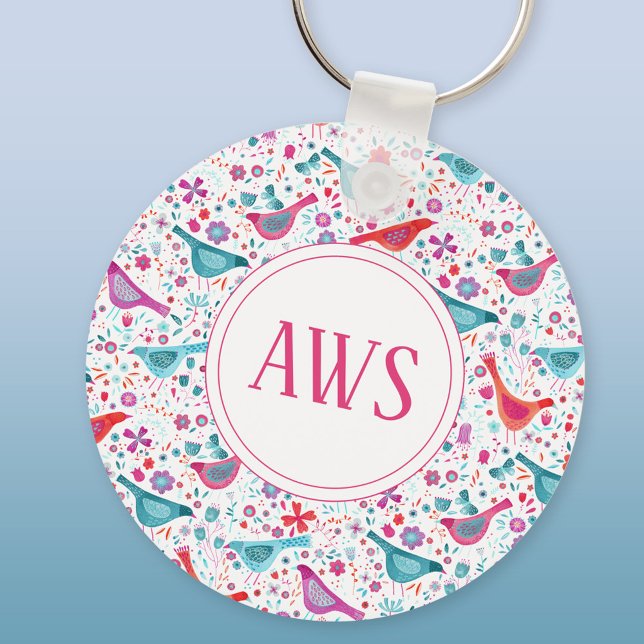 Porte-clés Aquarelle Oiseaux Lumineux Monogramme (Watercolor birds personalized monogram initials aluminium keyring keychain)