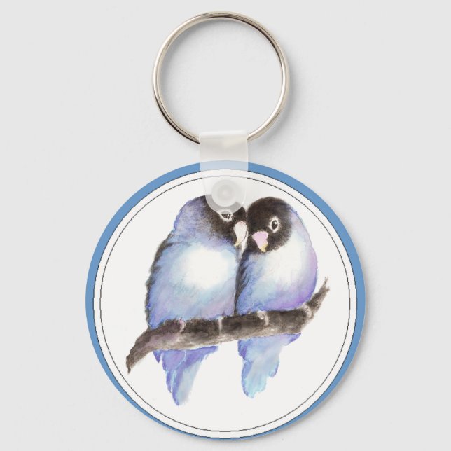 Porte-clés Aquarelle originale Bleu Lovebirds, Oiseau (Recto)