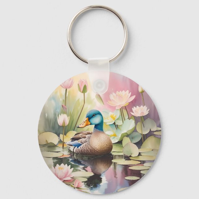 Porte-clés Aquarelle Peinture canard sur un étang (Recto)