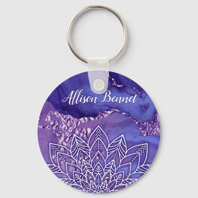 Porte-clés Aquarelle personnalisée violet blanc Mandala (Recto)