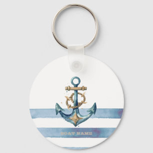 Porte-clés Aquarelle Rayures Bleu Clair Ancre Nautique