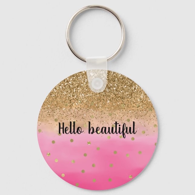 Porte-clés Aquarelle rose fille Parties scintillant or Glitz  (Recto)