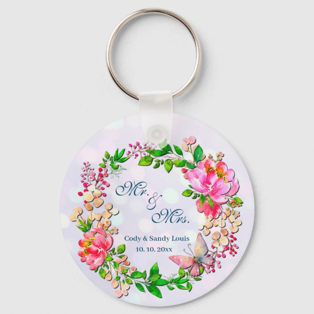 Porte-clés Aquarelle rose floral et papillon printemps lancer (Recto)