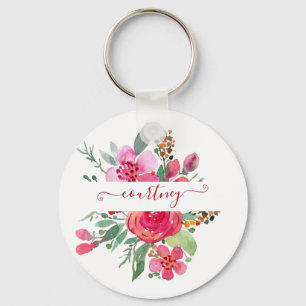 Porte-clés Aquarelle rose floral personnalisé