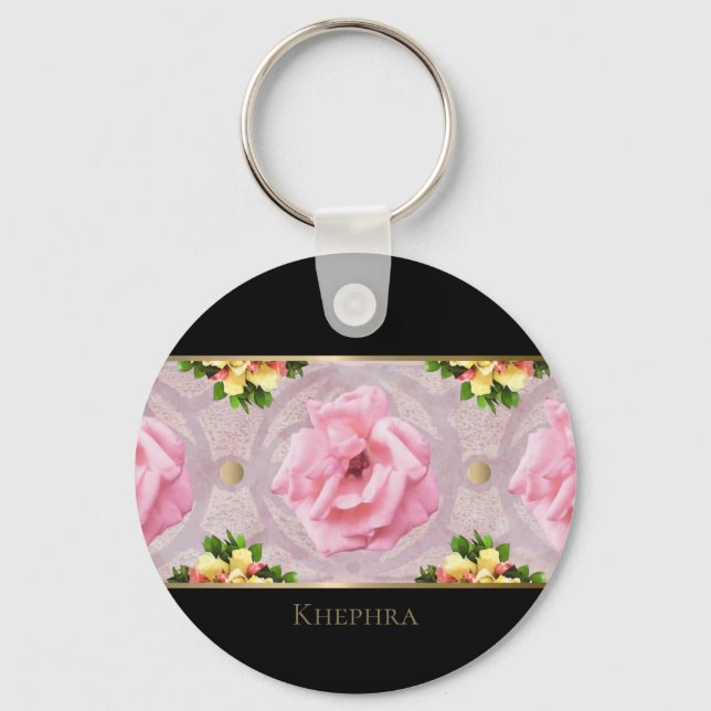 Porte-clés Aquarelle rose Florale Nom du monogramme (Recto)