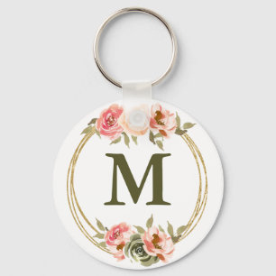 Porte-clés Aquarelle rose monogramme Floral