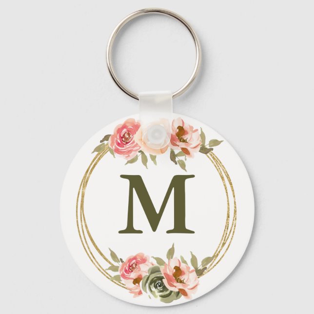 Porte-clés Aquarelle rose monogramme Floral (Recto)