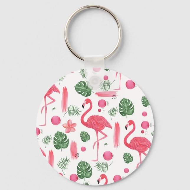 Porte-clés Aquarelle rose vert tropical flamingo florale (Recto)