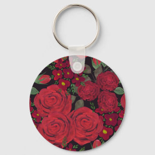 Porte-clés Aquarelle, roses rouges, noir, rose, motif floral