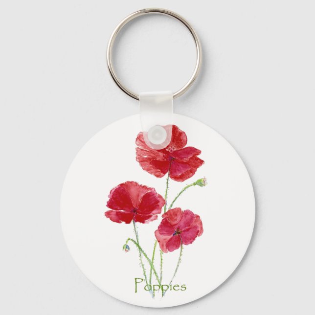 Porte-clés Aquarelle Rouge Pavot Fleur Floral Peinture (Recto)