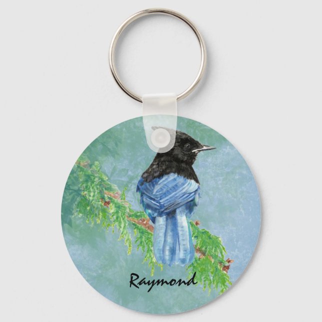 Porte-clés Aquarelle Stellar Jay Bird Nom personnalisé Nature (Recto)