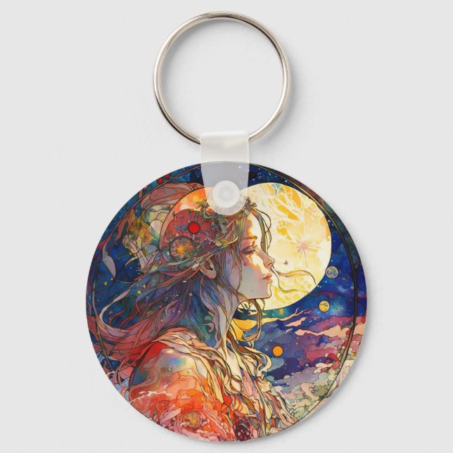Porte-clés Aquarelle vibrante du Porte - clé Girl & Moon (Recto)