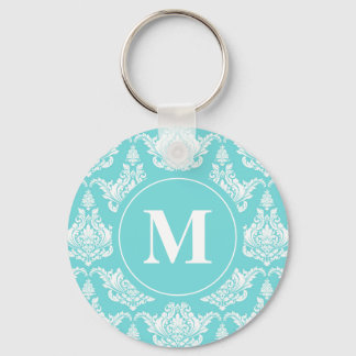 Porte-clés Aquarelle vintage Turquoise Damask Monogramme