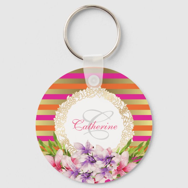 Porte-clés Aquarelle violet et rose Magnolia Personnalisé (Recto)