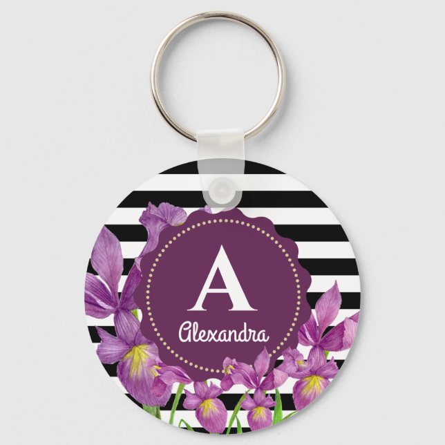 Porte-clés Aquarelle violet Iris Floral Noir Blancs (Recto)