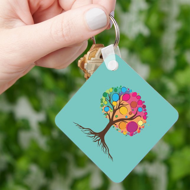 Porte-clés Arbre abstrait avec des racines et des feuilles co (Abstract tree with roots and colorful leaves. keychain)