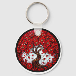 Porte-clés Arbre Fleur Rouge Vibrant avec des Détails Élégant