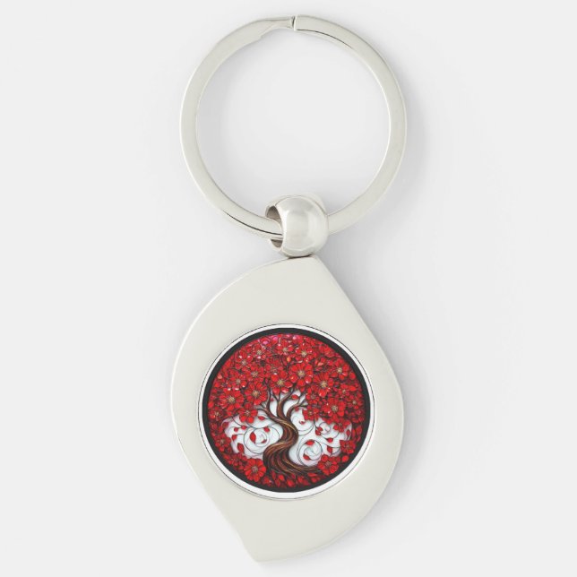 Porte-clés Arbre Fleur Rouge Vibrant avec des Détails Stylés (Devant)