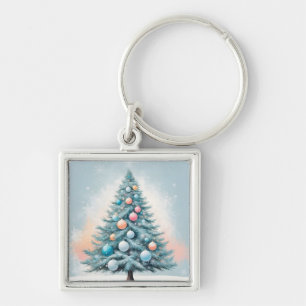 Porte-clés Arbre pin vert & flocons de neige Corail orange