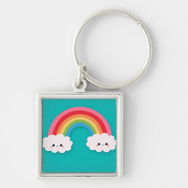 Porte-clés Arc-en-ciel et Cluds heureux sur Teal (Devant)