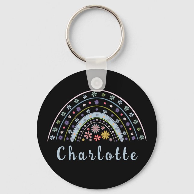 Porte-clés Arc-en-ciel floral Boho avec nom personnalisé (Recto)