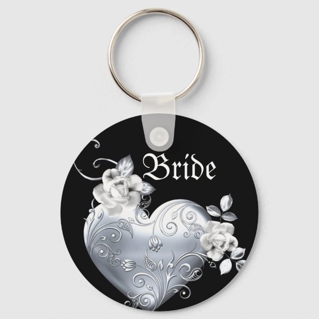 Porte-clés Argent Filigree Coeur et Roses Blanches (Recto)