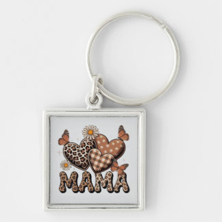 Porte-clés argenté à motif léopard et cœur Maman