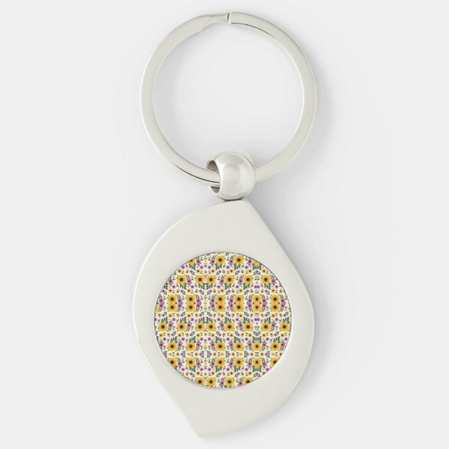 Porte-clés argenté avec un motif floral circulaire (Devant)