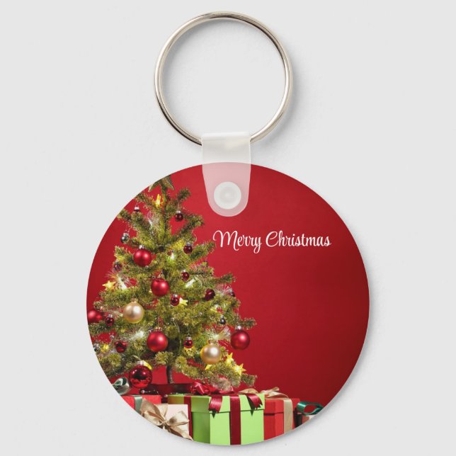 Porte-clés Arrière - plan Rouge Avec Arbre De Noël Décoratif (Recto)