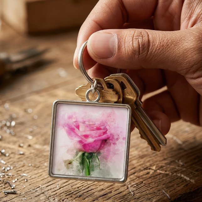 Porte-clés Art aquarelle de rose rose sur fond blanc (Pink Rose Watercolor Art on White Background. Keychain)