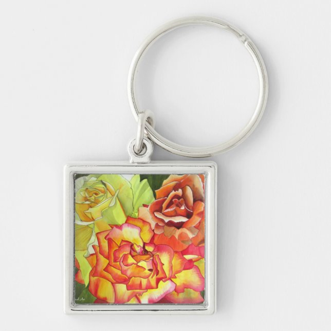 Porte-clés Art aquarelle de roses orange et jaune (Devant)