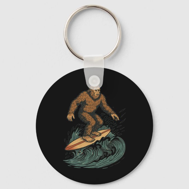 Porte-clés Art Cryptide de plage rétro de Bigfoot surfant pou (Recto)