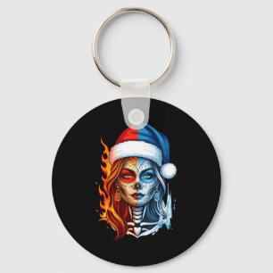 Porte-clés Art de crâne de sucre de Noël Femme Chapeau de Pèr